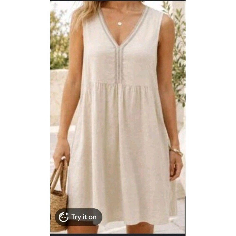 Terzo Millennio Women’s Dress Linen Cotton Blend Silver Braid Beach Resort Large